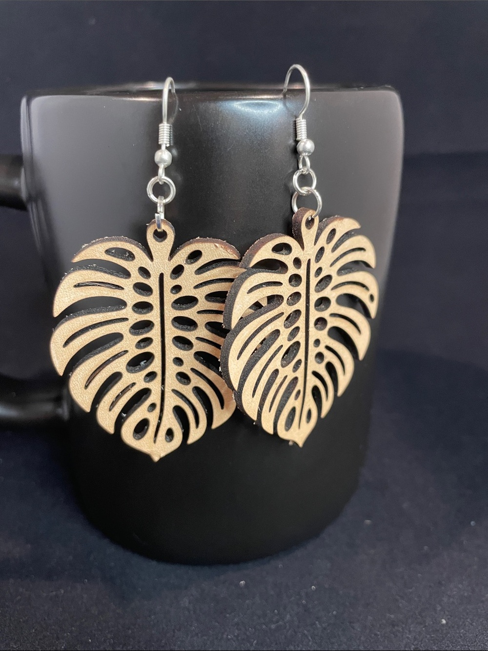 Leather Monstera Leaf Drop Earrings - Handmade
